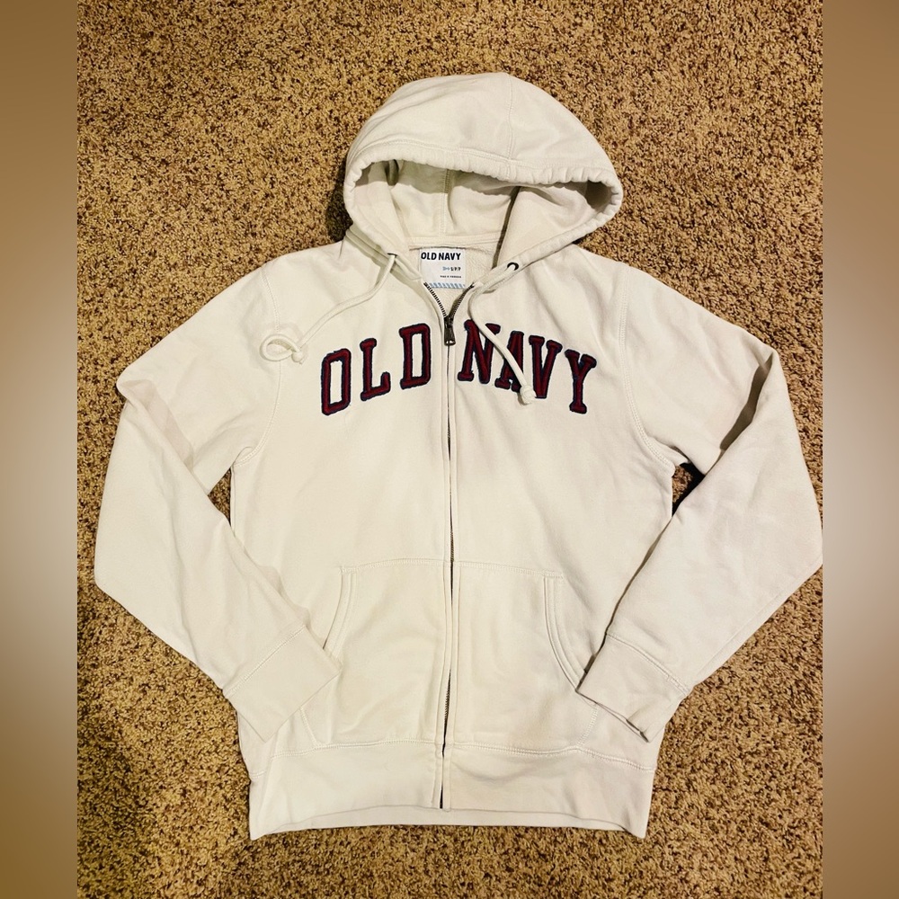 Vintage Old Navy Off-White Hoodie with Burgundy & Navy Accents - Small Womens